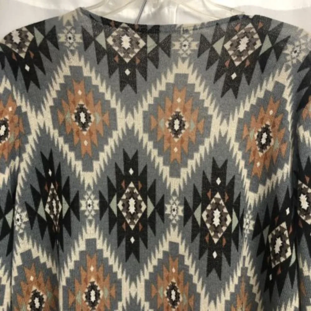 Entro Womens Large Open Front Long Sleeve Aztec Cardigan Long Line